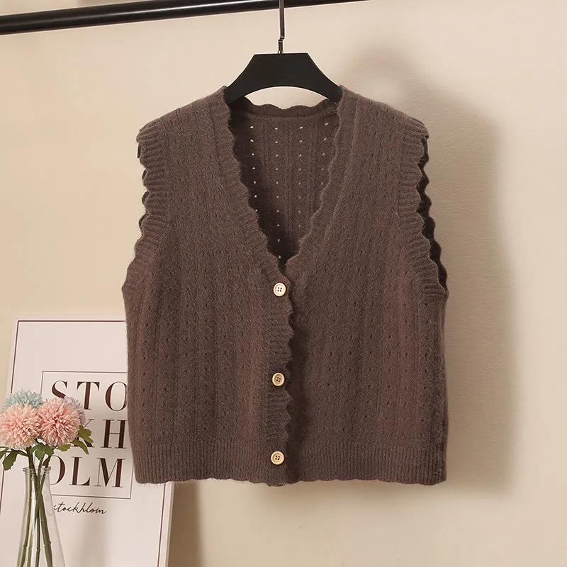 Wool Knitted Vest Women's Vest Spring and Autumn Loose Short Wave Side Single-breasted Hollow Sweater Small Cardigan