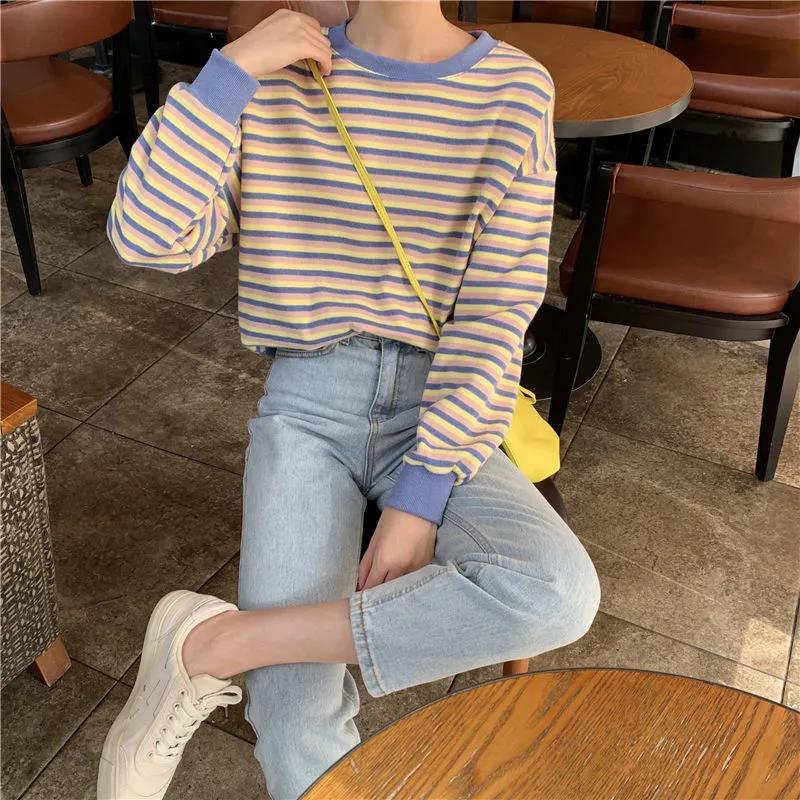 Women Stripe Print Long Sleeve Round Neck T-Shirt Top Summer Fall Lady Casual Pullovers