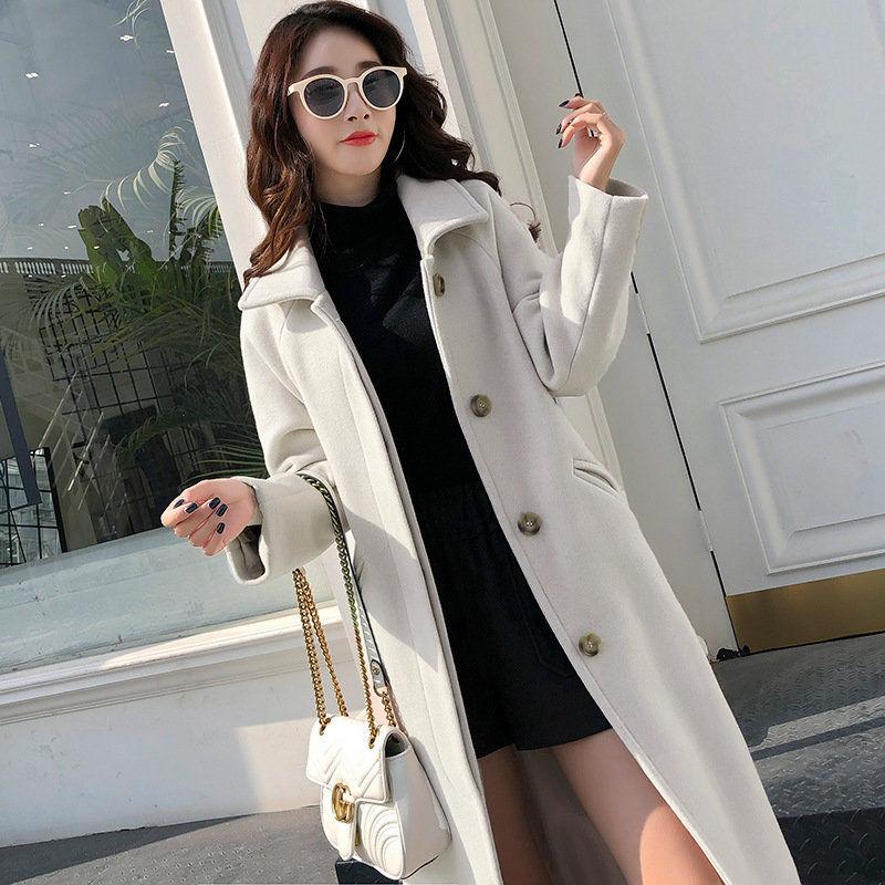 Woolen Coat Women's Mid-length Autumn and Winter Clothes Korean Style Solid Color Loose Casual Over-the-knee Woolen Coat