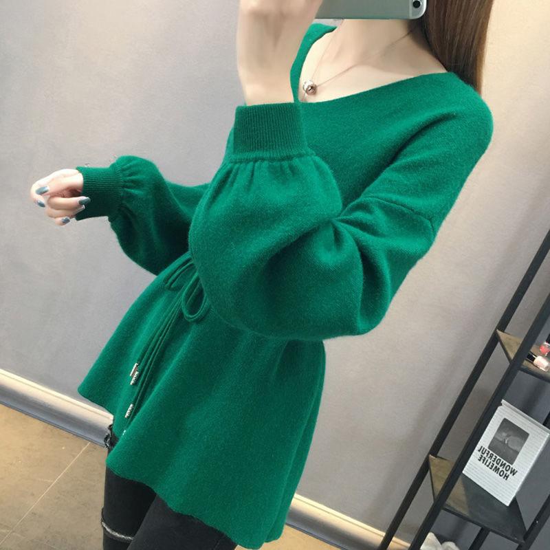 Autumn and Winter Thick Knit Top Loose Mid-length Waist Sweater V-neck Simple Women's Bottoming Shirt