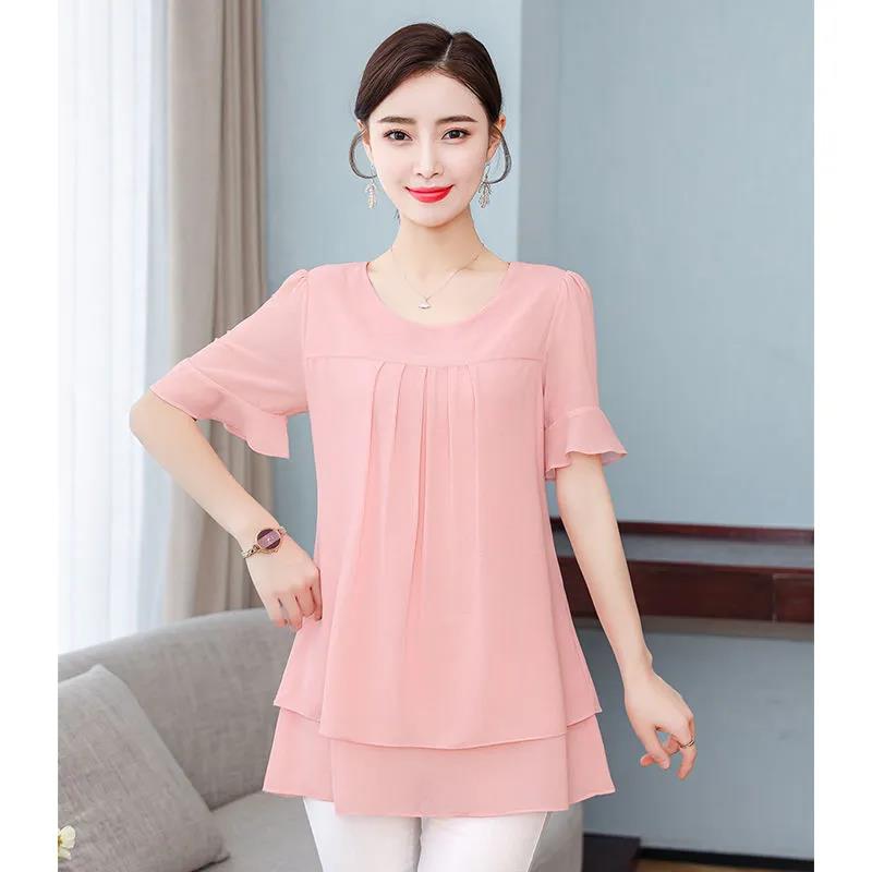 Women's Summer Chiffon Short Sleeve Large Size Round Neck Solid Color Loose T-Shirt