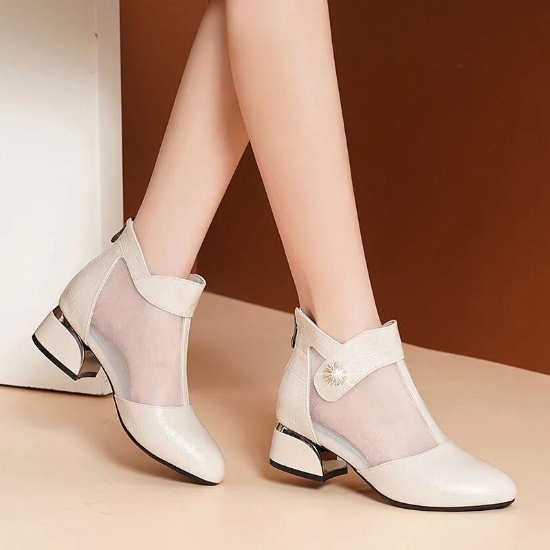 Women's Spring and Summer Thick with Hollow Breathable Mesh Toe Cap Sandals Women's Casual Shoes Work Shoes Sandals Boots Mid-heel Shoes Wedding Shoes