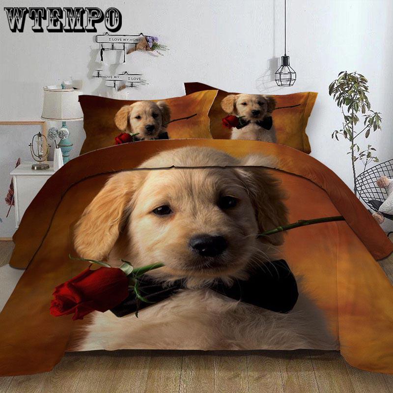 Fashion Cute 3D Cartoon Rose Dog Pattern Duvet Cover Set Bedclothes Pillow Cases Bedding Set