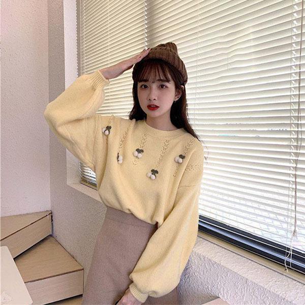 Autumn and Winter Sweater Women Loose Sweet Three-dimensional Cherry Pullover Student Long-sleeved Sweater Outer Wear Sweater