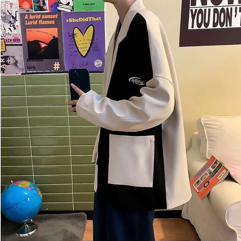 High-quality Contrast Color Stitching British Style Suit Men's Autumn Casual Loose Suit Jacket Long-sleeved Warm Mid-length Windbreaker