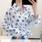 Dot Chiffon Sunscreen Female Summer Korean Version Loose Shirt  Regular  Turn-down Collar  Printing  Woman Tops