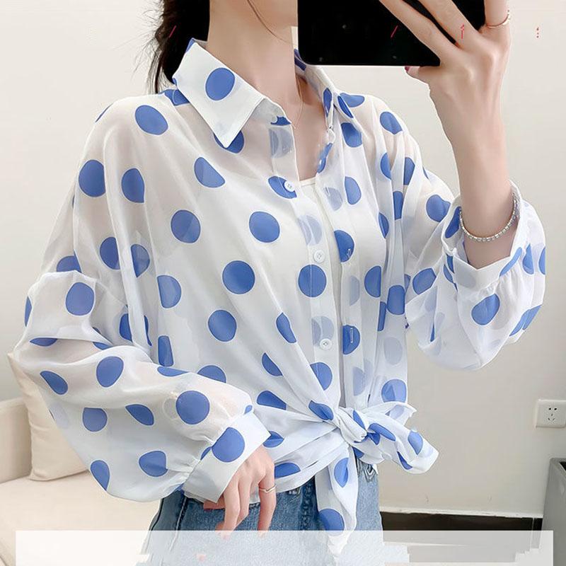 Dot Chiffon Sunscreen Female Summer Korean Version Loose Shirt  Regular  Turn-down Collar  Printing  Woman Tops