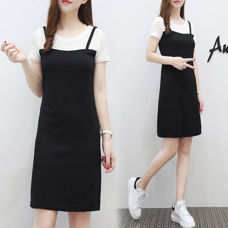 Summer Short-sleeved Stitching In Long Paragraph Fake Two-step Skirt Strap Slim Dress