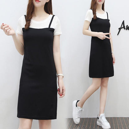 Summer Short-sleeved Stitching In Long Paragraph Fake Two-step Skirt Strap Slim Dress