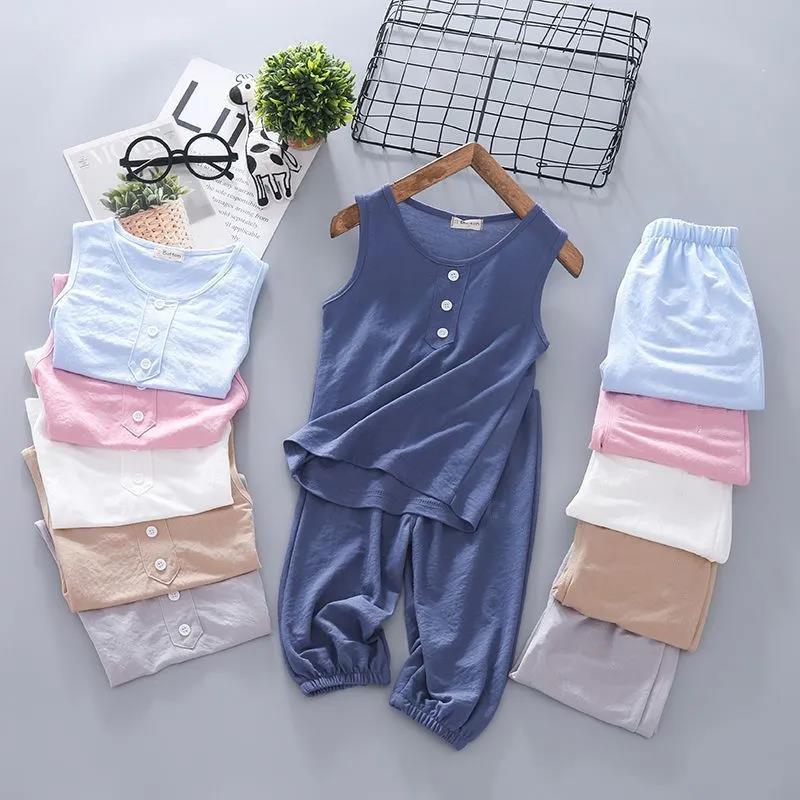 Children's Vest Suit Ice Silk Cotton Silk Boys and Girls Sleeveless T-shirt Casual Pants Two-piece Baby Summer Clothes