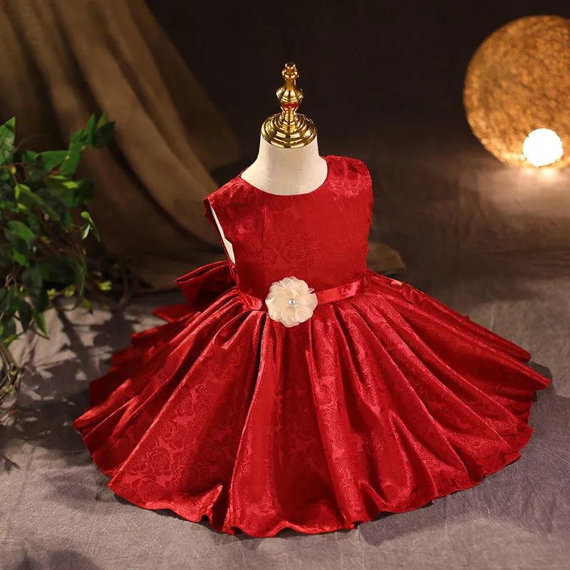 Red Children's Evening Dress Wedding Flower Girl Dress Princess Skirt Girl Baby Sweet Temperament Tutu Skirt Round Neck Sleeveless Waist