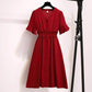 L-5XL Women V-neck Elastic Waist Red Dress Plus Size Slim Short-sleeved Long A-line Dress