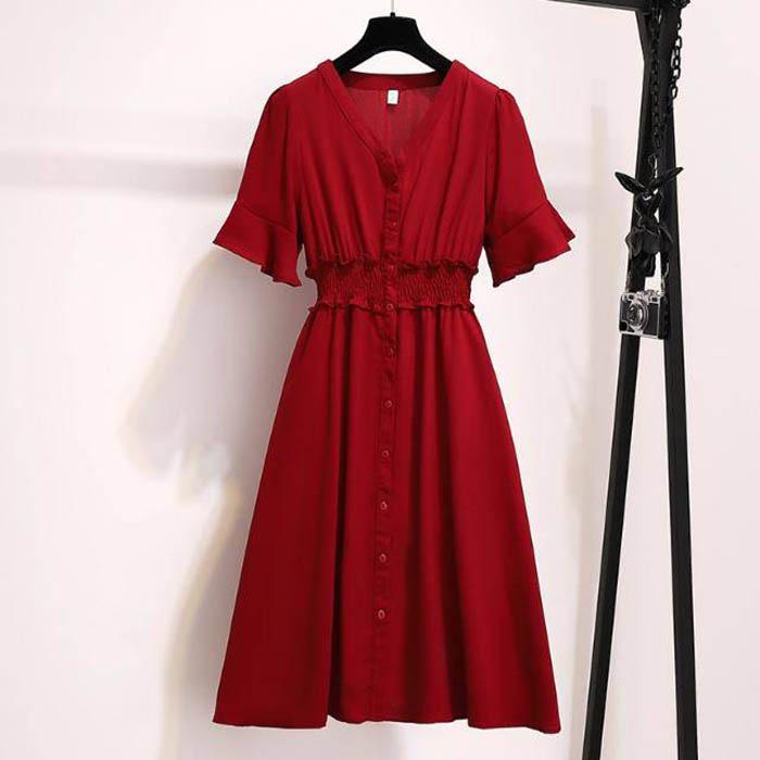 L-5XL Women V-neck Elastic Waist Red Dress Plus Size Slim Short-sleeved Long A-line Dress