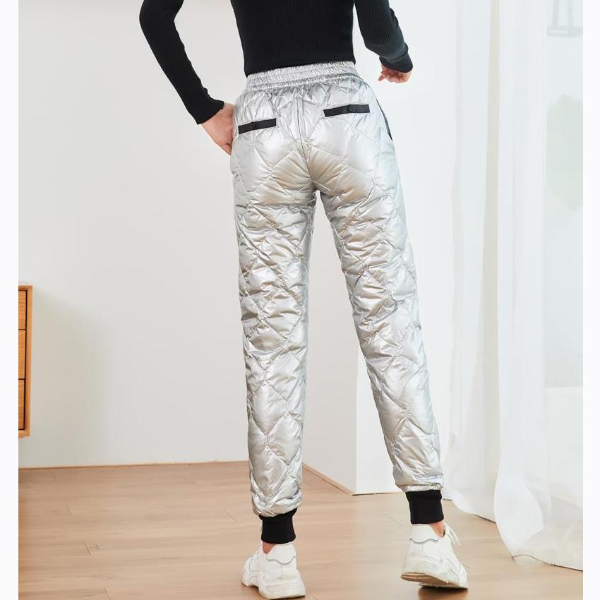 Winter Warm Thick Women Down Pants Casual High Waist Glossy Diamond Patchwork Button Harem Pants for Long Trousers