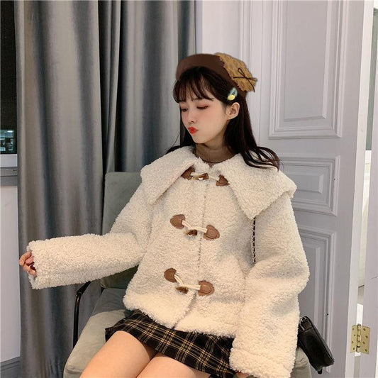 Autumn and Winter All-match Big Lapel Horn Buckle Loose Lamb Fur Coat Fur One Coat Women