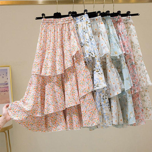 Printed Pattern Half-length Skirt Summer Floral Irregular Ruffled Wild A-line Super Fairy Cake Skirt Female Cute Skirt Fabric Light and Breathable