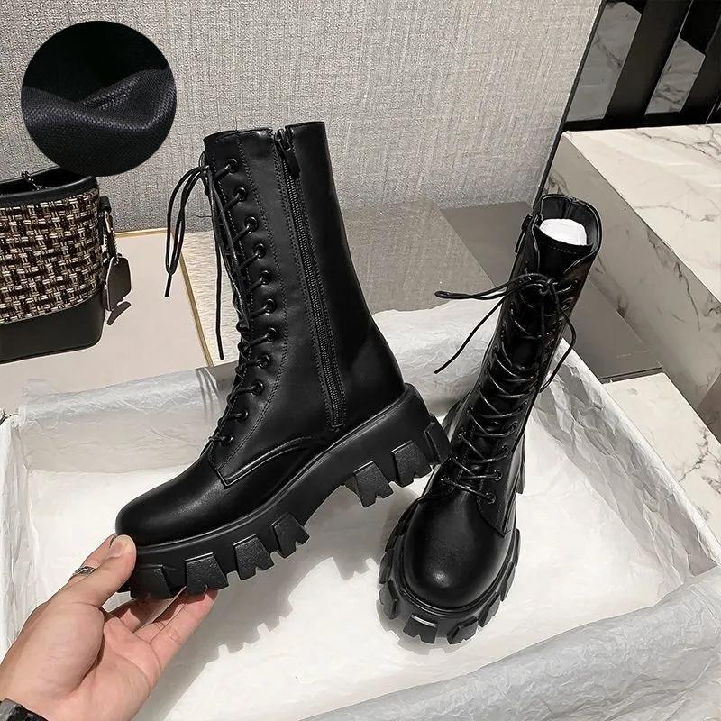 Platform Boots Women Shoes White Black PU Leather Booties Warm Ankle Boots Lace Up Combat Boots Flat Punk Goth Winter Autumn