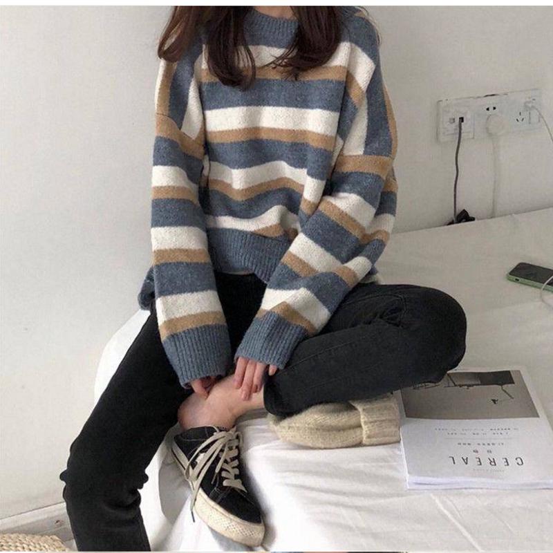 Pofulove Women's Sweatshirt Wild Bottoming Sweater Winter New Loose Contrast Striped Sweater