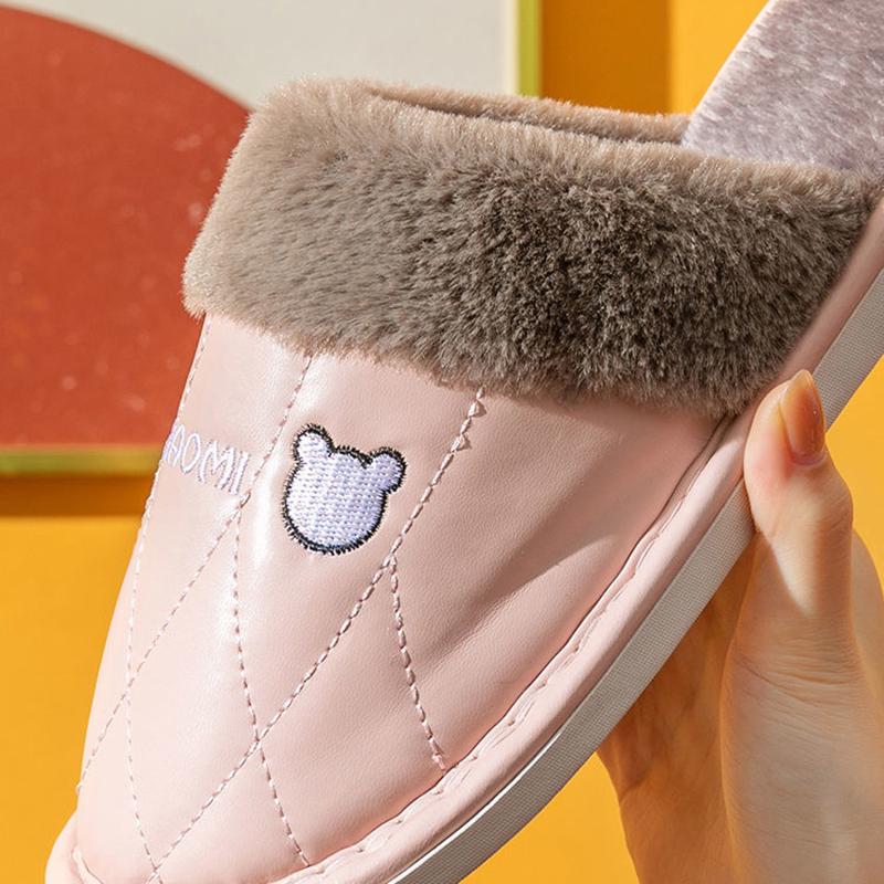 Women Winter Slippers Pu Leather Fleece Thick Warm Plus Size Men Slides Home Casual Cotton Shoes Pink Slippers Women