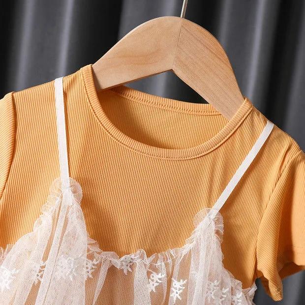 Cotton Girl Fake Two Summer T -shirts Female Baby Children's Children's Clothing Lace Wild Short Sleeve Top