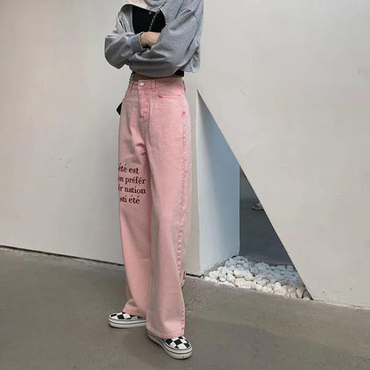 Pink Letters Embroidery Jeans Large Size High Waist Loose Straight Casual Long Pants