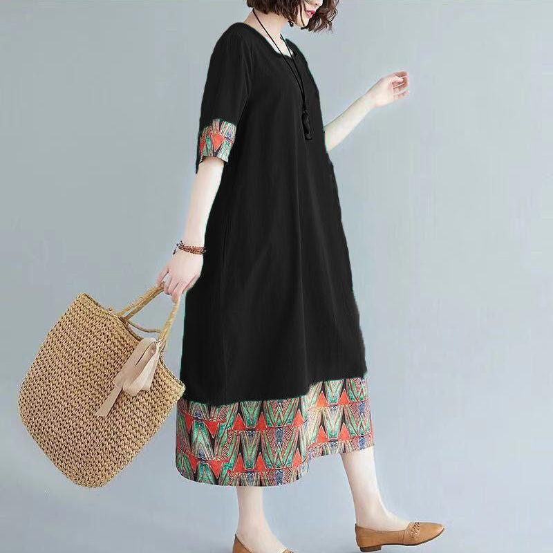L-XXXXL Summer Mid-length Plus Size Over-the-knee Dress Round Neck Short Sleeve  A-line Dress