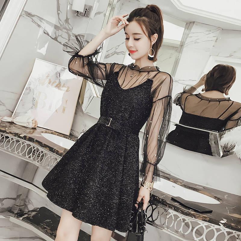 Korean Temperament Mesh Beaded Top Shiny Sling Waist Dress
