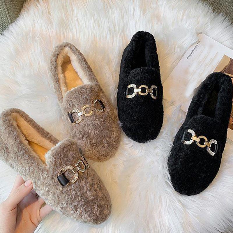 Women Winter Warm Faux Fur Flat Shoes Casual Fuzzy Loafers Ladies Slip on Plush Shoes Large Size 35-43