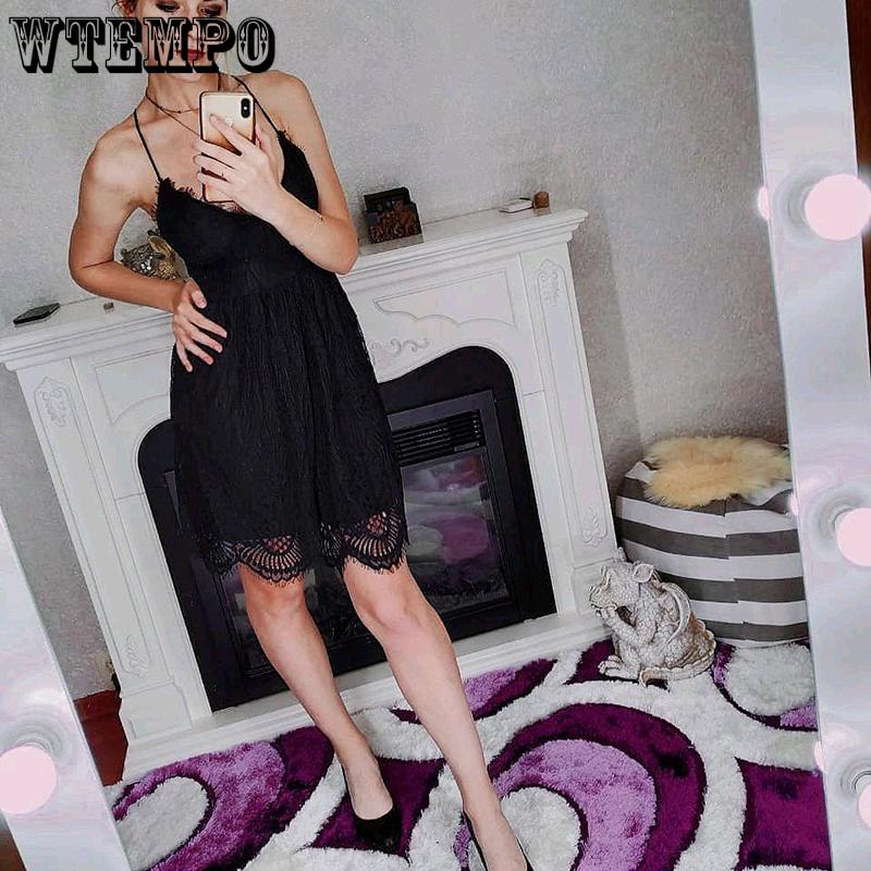 Summer Solid Color Lace Sexy Deep V-neck Thin Shoulder Strap Backless Dress Casual Beach