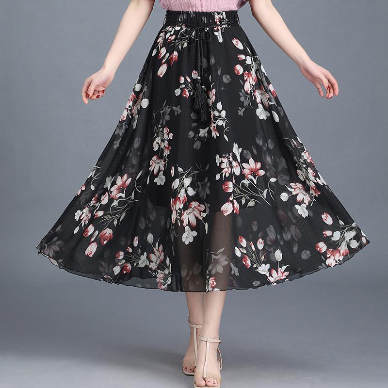 Women's Summer Pleated Floral Skirt Chiffon Fairy Dress High Waist  Mid-length A-line Draping  Beach Vacation Daily