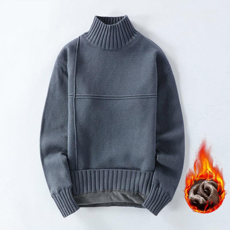 Men's Sweater Half Turtleneck Plus Fleece Thickening Autumn and Winter Youth Slim Trend Pullover Sweater