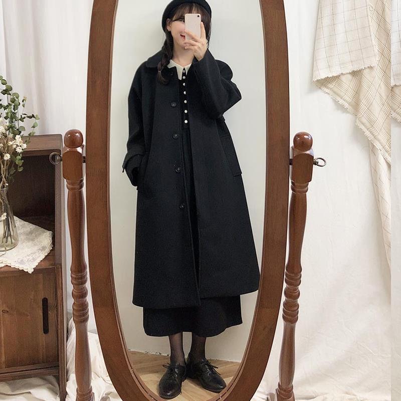 Black Long Woolen Winter Korean Style Over-the-knee Thick Coat for Female Students Loose and Thin Woolen Coat
