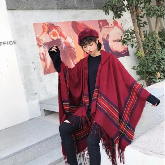 Ethnic Style Travel Outside with Shawl Cloak Female Autumn and Winter Thick Warm Red Shawl Windproof Buckle Hooded Cloak