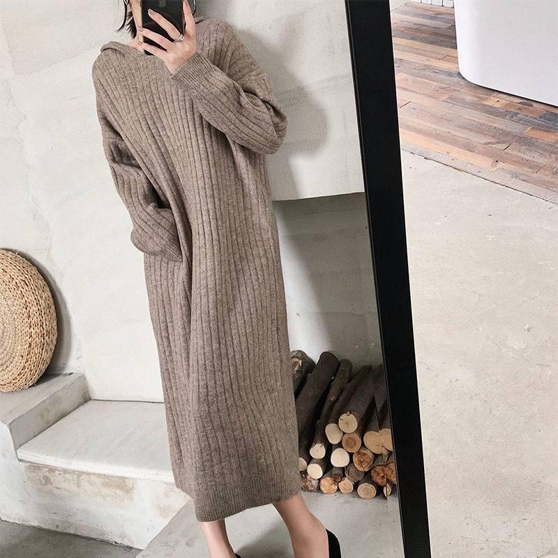 Autumn and winter plus long knee hooded loose knit dress vertical stripes was thin sweater women