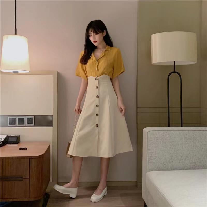 Summer Retro Goddess Skirt Two-piece Set V-neck Cotton Linen Short-sleeved Shirt High Waist Button Flower Edge A-line Skirt Suit