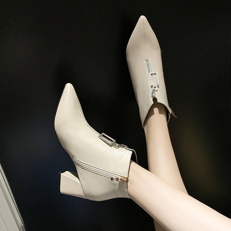 Women's Boots Autumn Winter British Wind Front Zipper Square Head Martin Boots High Heels Thick With