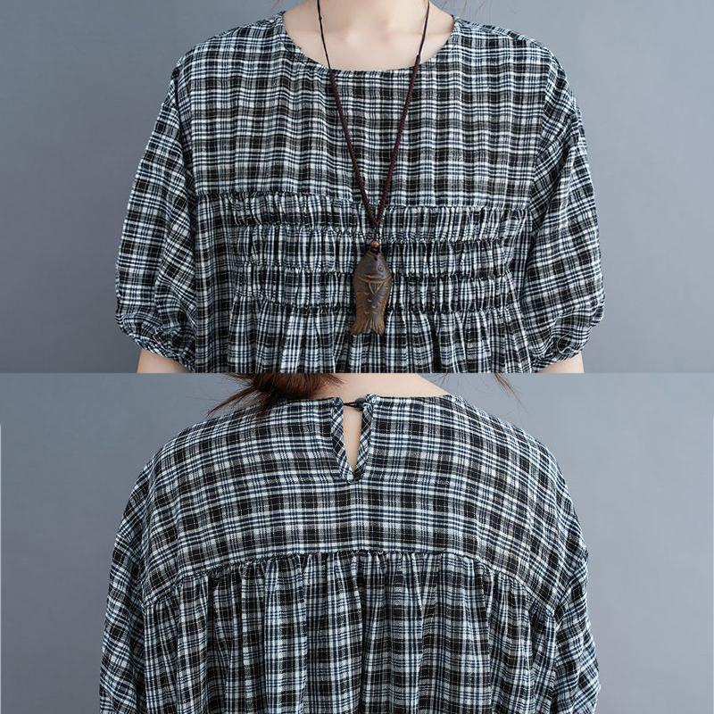 WTEMPO Puff Sleeve Plus Size Ladies Dress Summer 1/2 Sleeve Round Neck Long Dress Casual Mid-calf Length Plaid Dress