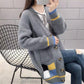 Knit Cardigan Women's Contrasting Color Jacket Loose Top V-neck Long Sleeve Warm Sweater Jacket Autumn Loose Mid-length