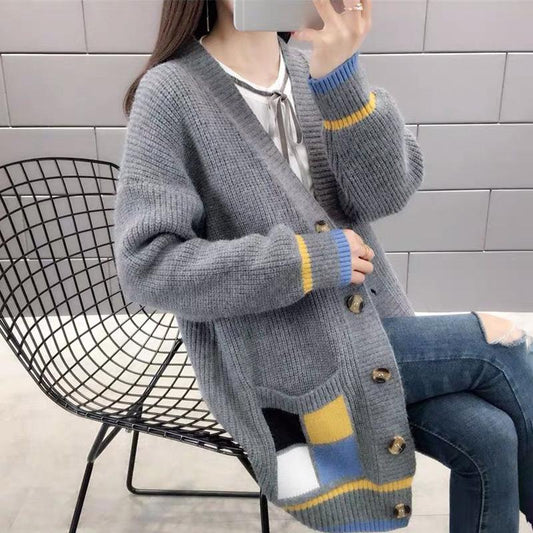 Knit Cardigan Women's Contrasting Color Jacket Loose Top V-neck Long Sleeve Warm Sweater Jacket Autumn Loose Mid-length