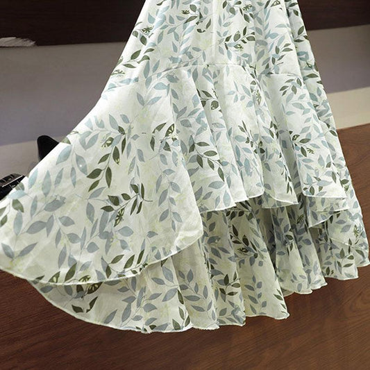 Women's Summer Dress Bohemian V-neck Floral Dress Flared Sleeve Irregular Fishtail Dress Mid-length