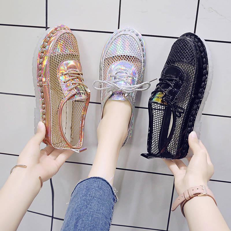 Women Shoes 2020 Fashion Summer Casual White Shoes Cutouts Lace Canvas Hollow Breathable Platform Flat Shoes Woman Sneakers