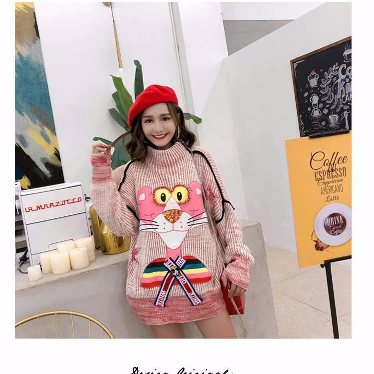 Beads Knitwear Turtleneck Loose Pink Panther Knitting Pullover Chic Women Jumper Sweater