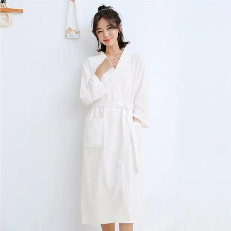 Women's Yukata Pajamas Robe Spring Autumn Loose Waffle Solid Color Bathrobe Long Sleeves Robe Sleeping Robes with Belt
