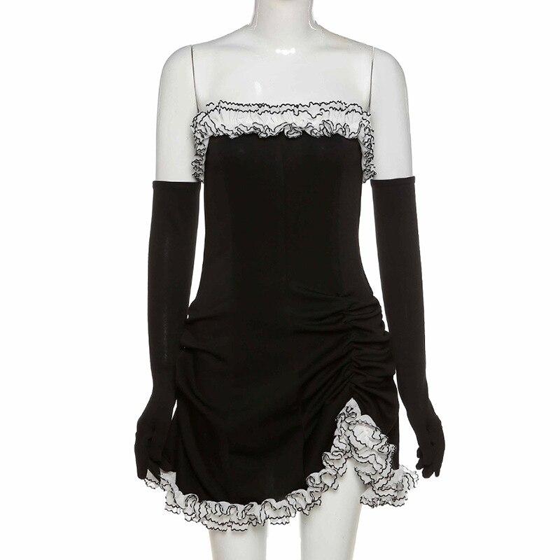 Summer Women's Sexy Wrapped Chest Stitching Ruffled Dress + Gloves