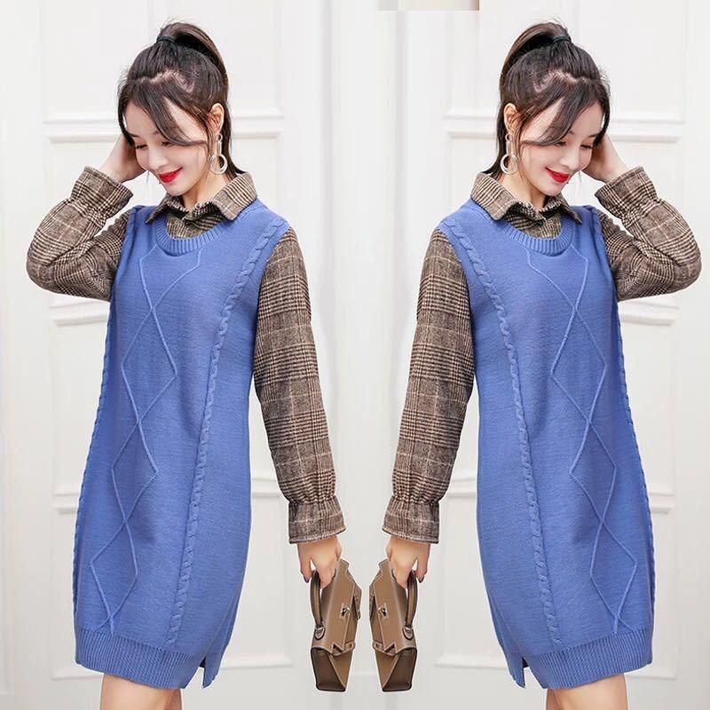 Autumn and Winter Mid-length Loose Sleeveless Sweater Pullover Fake Two-piece Knitted Skirt Bottoming Shirt