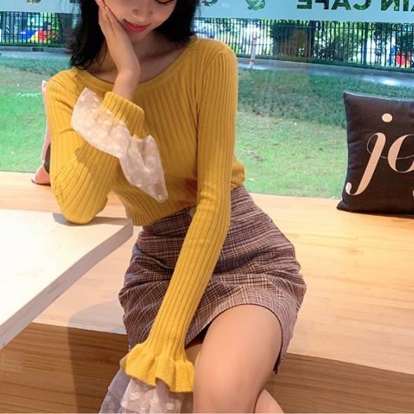 Pofulove Girly Crew Neck Lace Bell Cuffs Base Knitwear Skin-friendly High Elastic Pullover Sweater