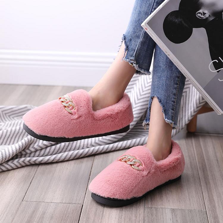 Winter Fluffy Women Shoes Fashion Chain Warm Fur Flat Shoes Woman Indoor Sliders Causal Home Lady Shoes Thick Plush Soft Warm Cotton Slippers Cute