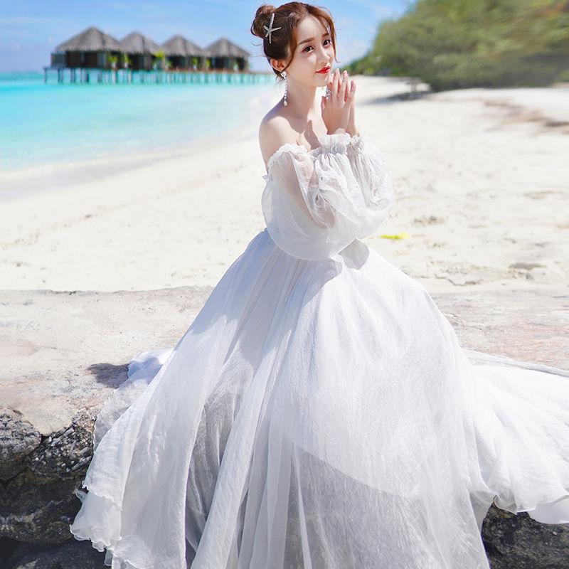 Woman skirt word shoulder chiffon dress female summer seaside beach skirt slim wild white dress