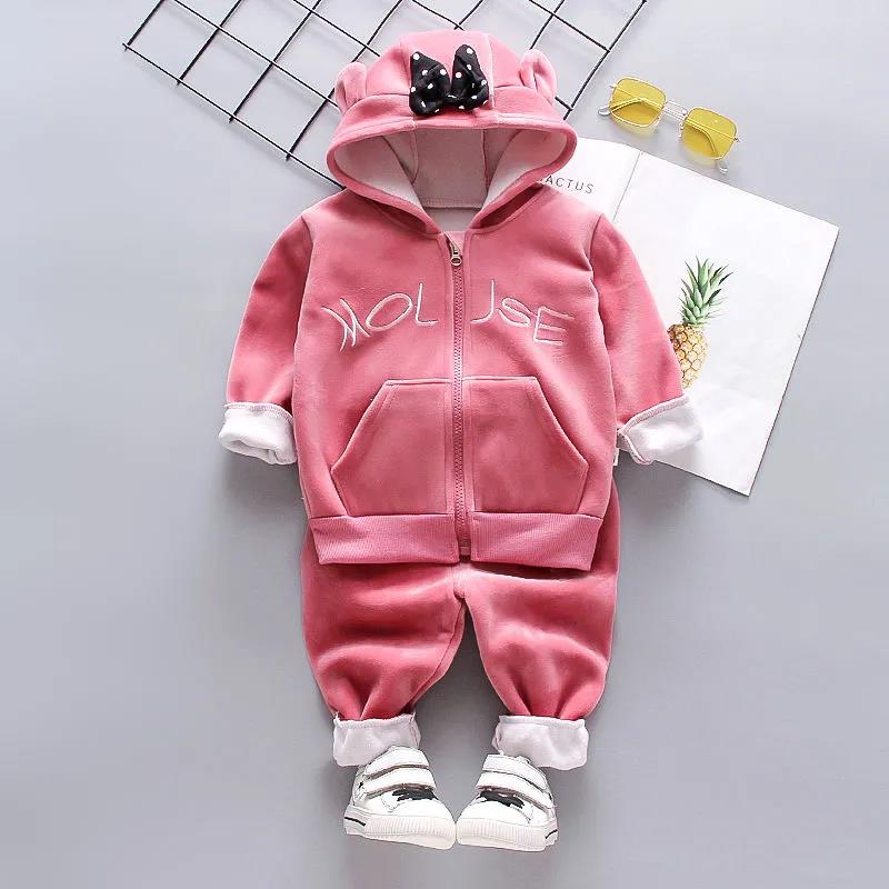 Gold Mink Velvet Bow Printing Children Plus Velvet Thick Solid Color Cute Suit Girl Baby Autumn and Winter Children's Hooded Suit Cotton Coat