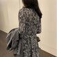 Floral Dress Black Over The Knee Long Sleeve Dress Women French Retro V-neck Summer Chiffon Skirt